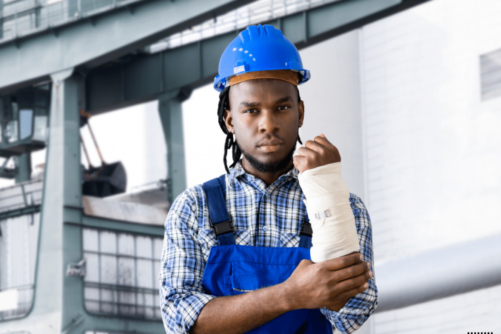 An injured worker wearing a blue helmet