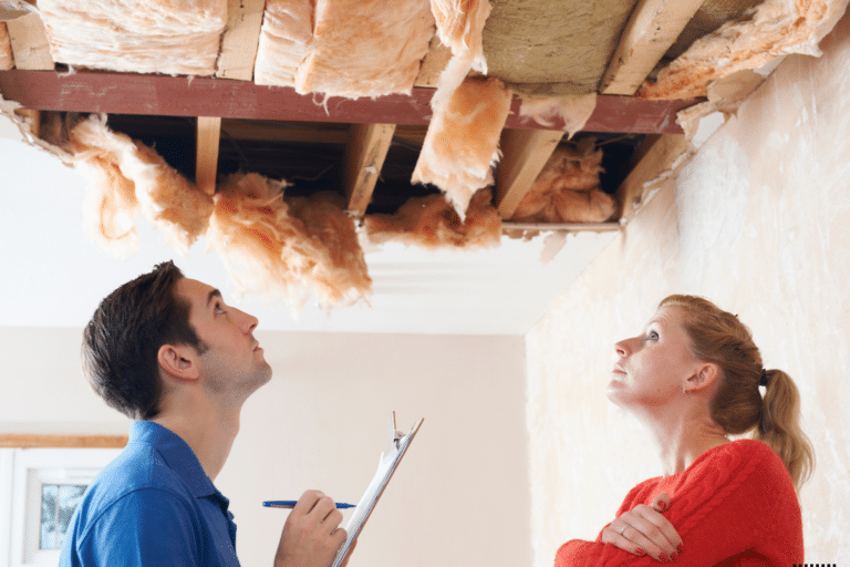 An insurance officer and a lady looking at a damaged ceilings